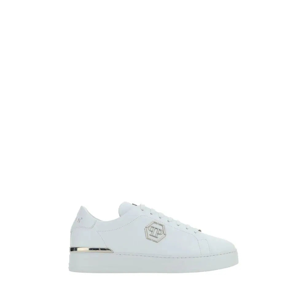 Philipp Plein white leather low-top sneaker with silver logo and heel tab