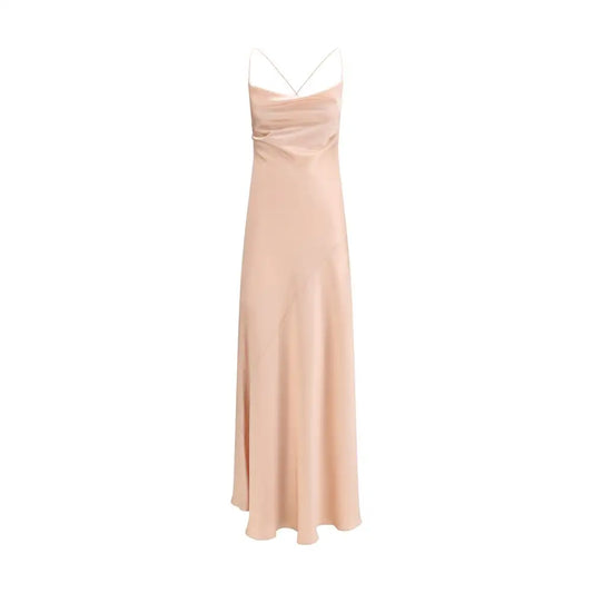 Pinko multicolor marabou casual dress in flowing peach satin maxi style