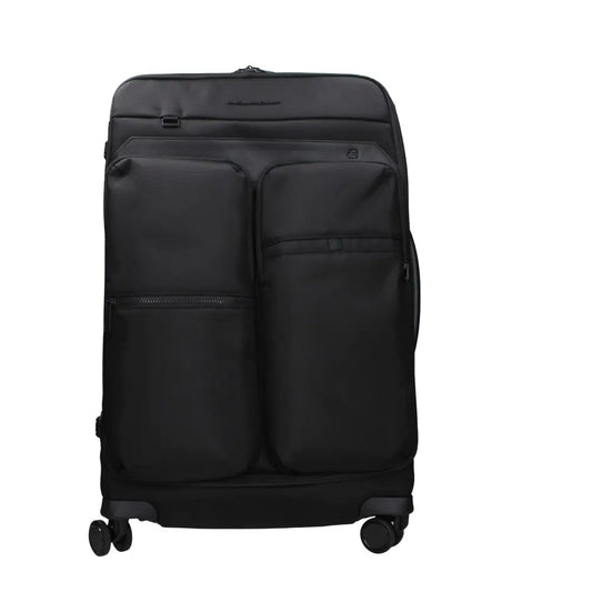 Sleek Piquadro black fabric luggage with zippered compartments