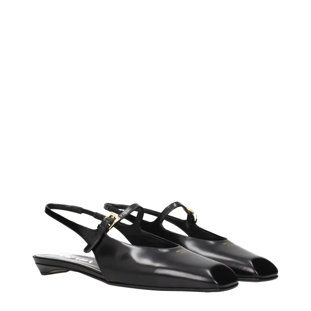 Prada black leather flat sandals with gold buckle and peep-toe