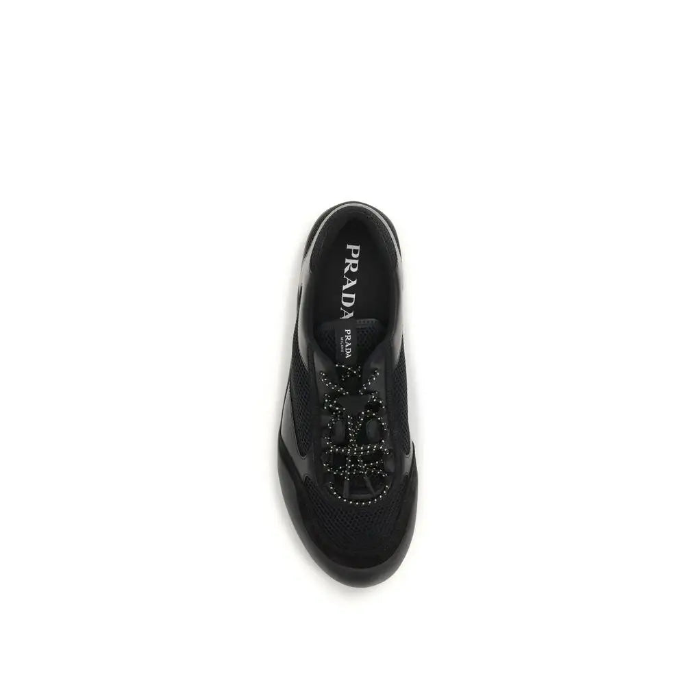 Prada black polyester athletic sneakers with mesh upper and studded logo