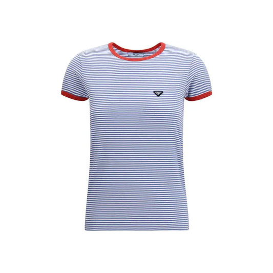 Prada blue cotton t-shirt med navy-hvide striber og rød trim