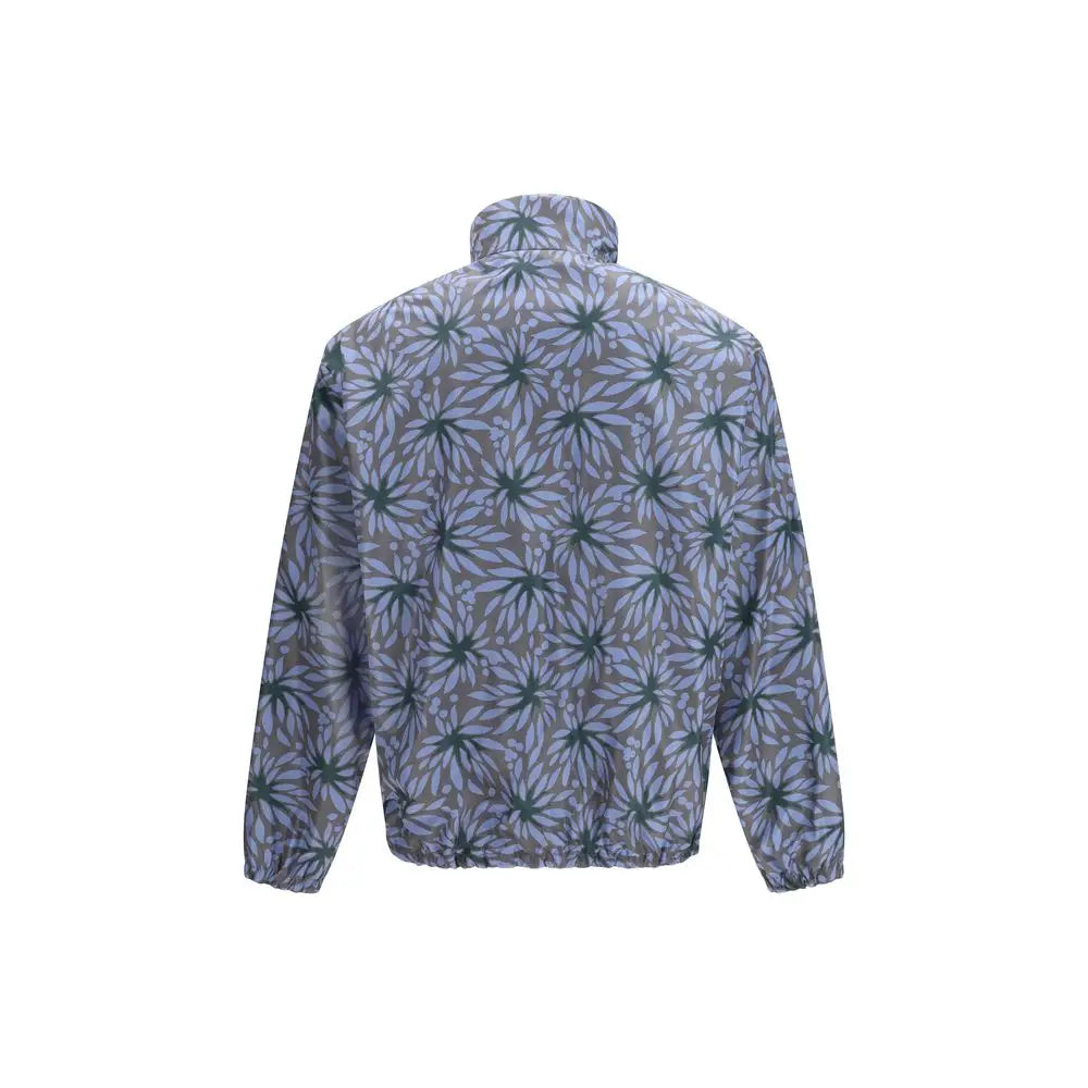 Prada blue recycled polyamide shell jacket i grå og teal blomstermønster med høj krave
