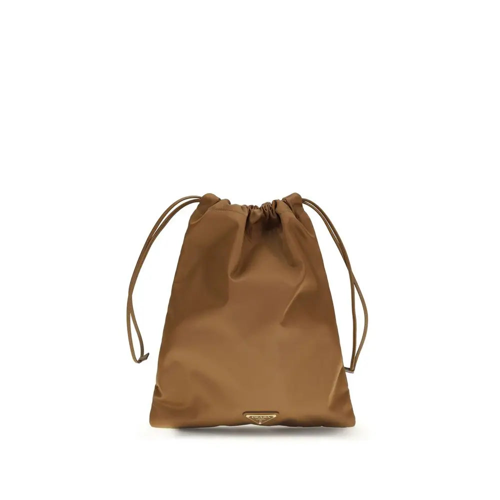 Prada brown recycled polyamide shoulder bag i tan nylon med guld-logo