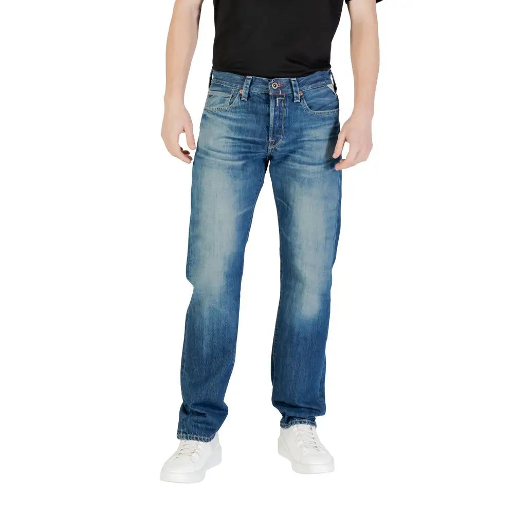 Replay blue cotton relaxed fit jeans med falmet vask og klassisk femlommedesign