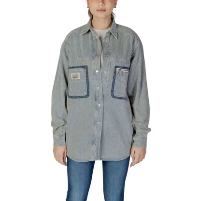 Replay Blue Cotton Shirt i grå-hvid stribet mønster med denimkanter