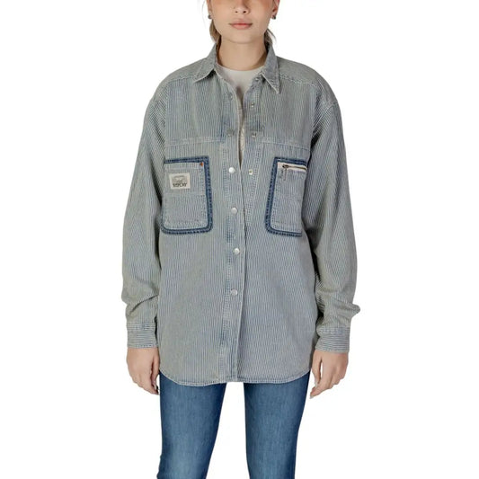 Replay Blue Cotton Shirt i grå-hvid stribet mønster med denimkanter
