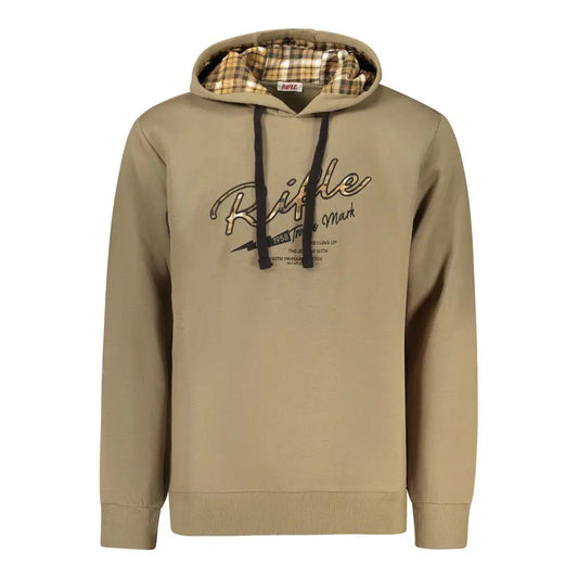 Brune bomuldsweater med beige hætte og rifle-logo i guld