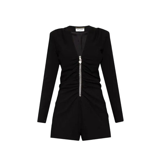 Saint Laurent sort acetat jumpsuit med rhinsten lynlås, 100% originale brands