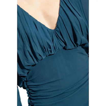 Saint Laurent dyb teal ruchet langærmet kjole med V-hals, 100% original