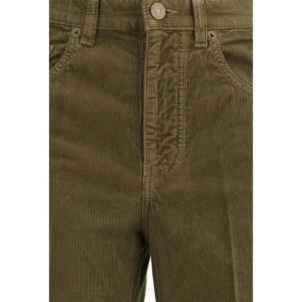 Olivegrønne corduroy Clyde bukser fra Saint Laurent med klassisk femlommedesign og metal-knap