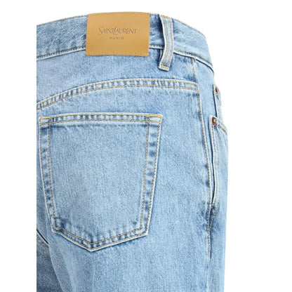 Saint Laurent light blue straight-leg jeans med tan læderlabel