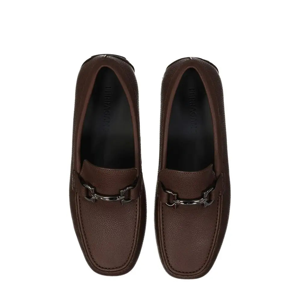 Salvatore Ferragamo brown calfskin slip-on loafers with silver horsebit buckle