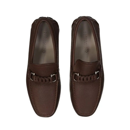 Salvatore Ferragamo brown calfskin slip-on loafers with braided strap and silver accents