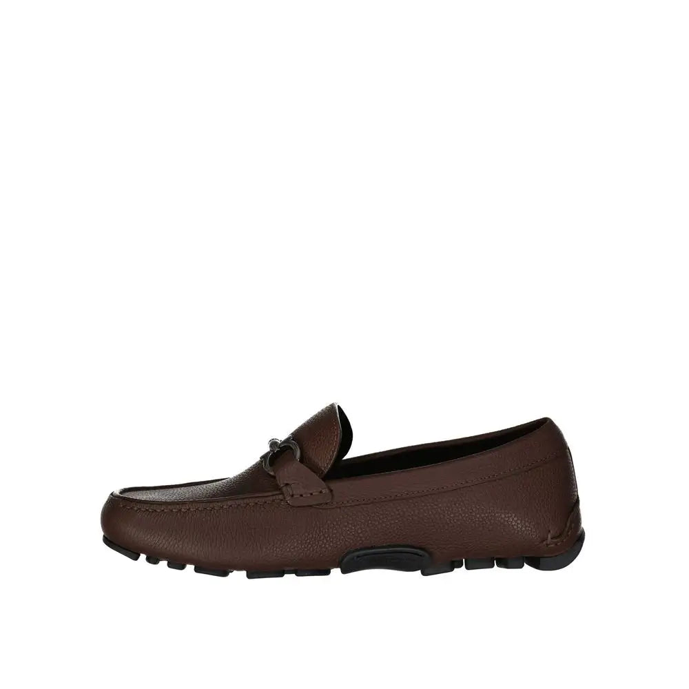 Salvatore Ferragamo brown calfskin slip-on loafers with textured leather and black rubber sole