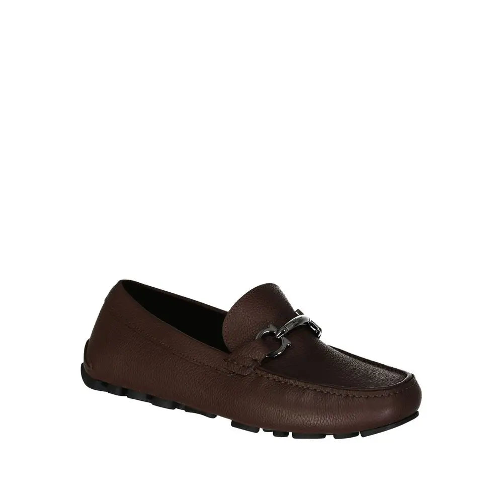 Salvatore Ferragamo brown calfskin slip-on loafers with silver horsebit buckle
