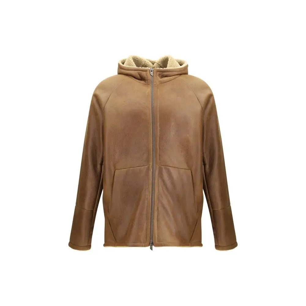 Tan læderhooded jakke med beige fleecefor og to forlommer fra Salvatore Santoro shearling
