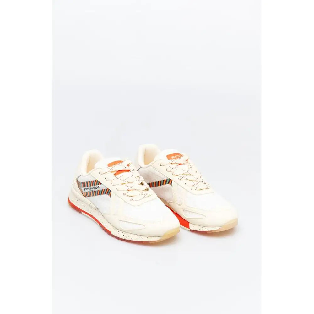 Cream-colored Scotch & Soda white leather athletic sneakers with orange accents and speckled sole