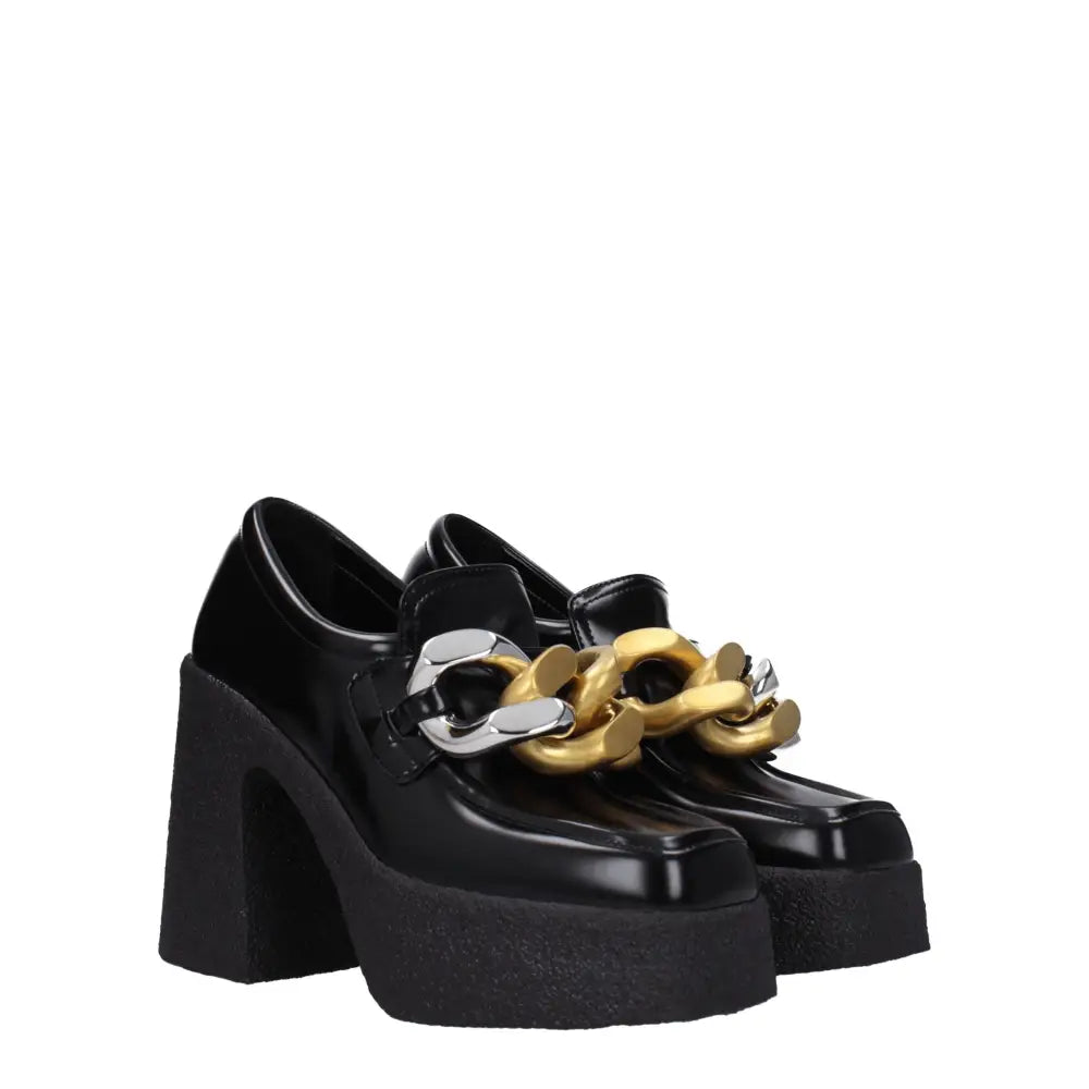 Stella McCartney black leather platform loafers med guld og sølv kæde-slukke