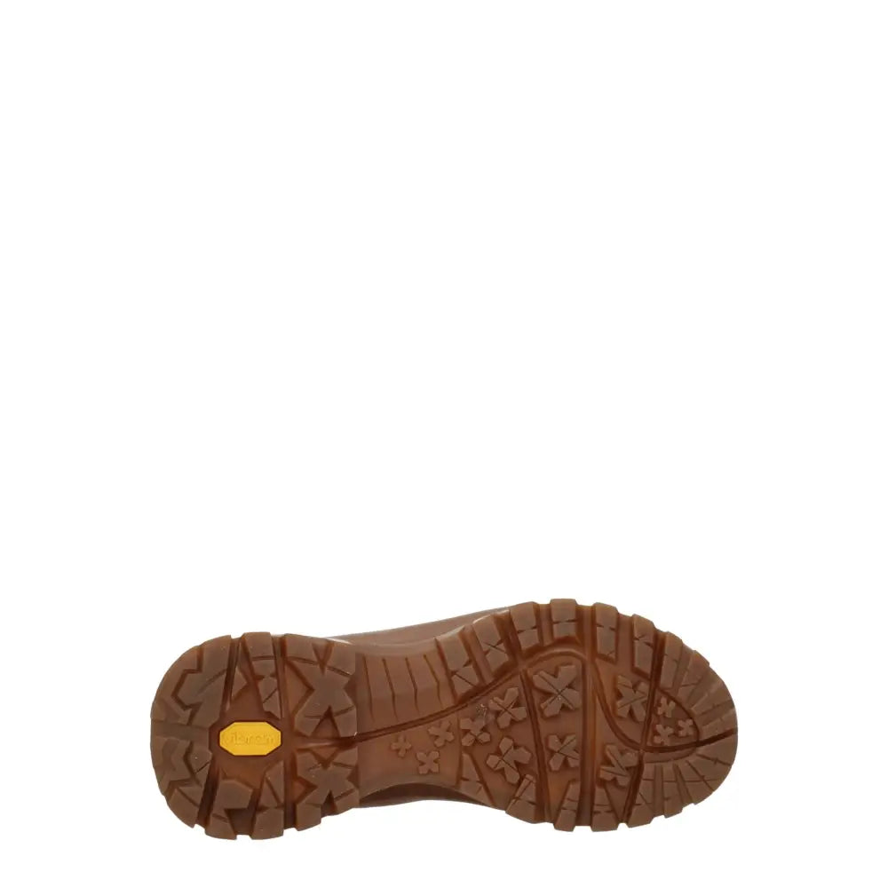 Stella McCartney brown leather ankle boot med brunt gummisål, mønster og gul Vibram-logo