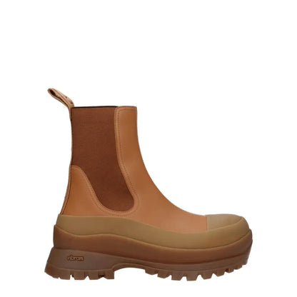 Stella McCartney brown leather ankle boots med tan og brun læder og chunky tekstureret sål