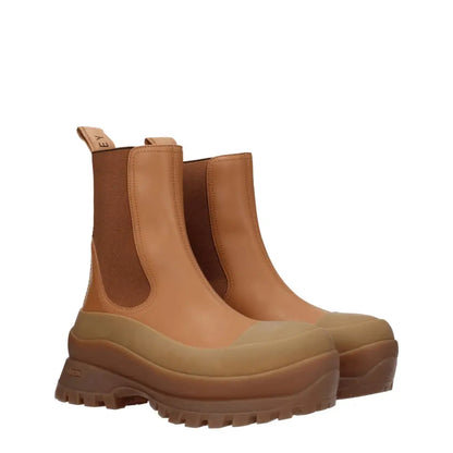 Stella McCartney brown læder ankle boots med tan læder, chunky to-tone gummisål og elastiske sider