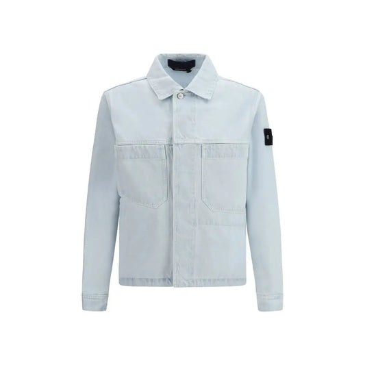Stone Island blå denimjakke med sorte patch og lommer