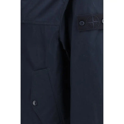 Stone Island blå polyester trench coat i mørk marineblå med læderpatch og sølvgange