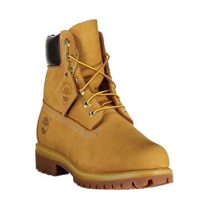 Tan Timberland støvle med gul snor og sort krave til Azzurro polyester jakke