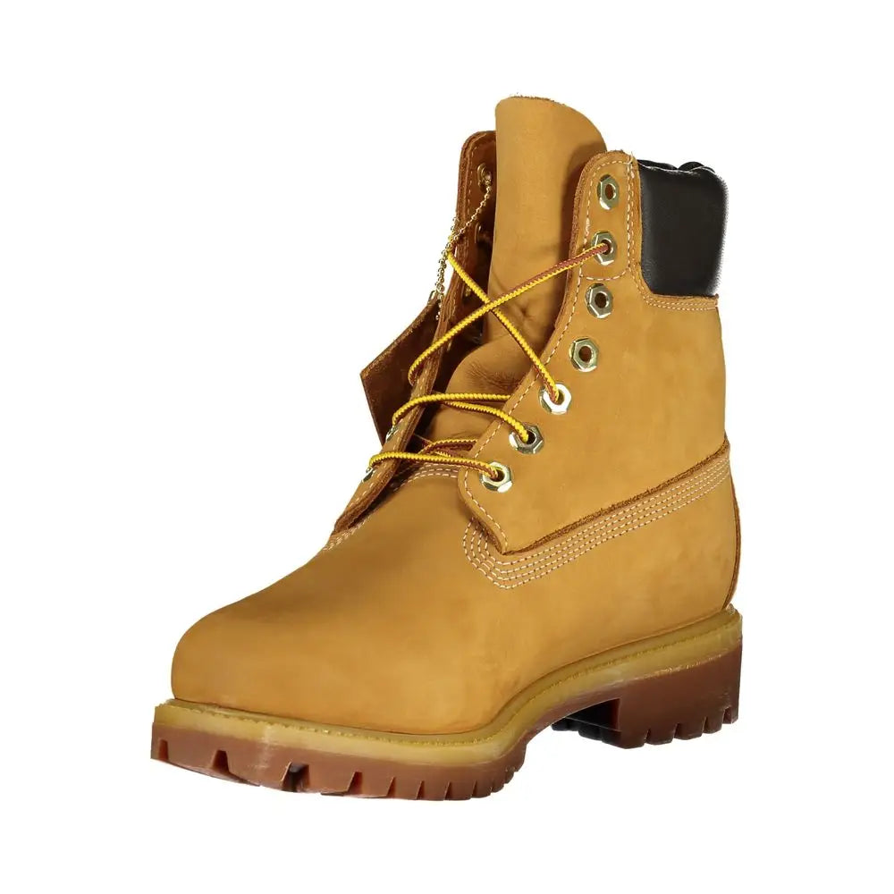Tan Timberland 6-inch boot with yellow laces and black rubber heel tab in Azzurro Polyester jacket