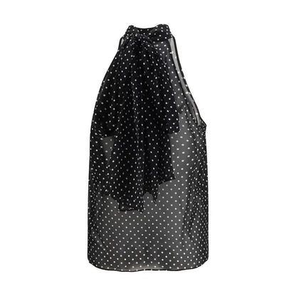 Tom Ford black silk top med sort silkebluse, hvide prikker og halterhals