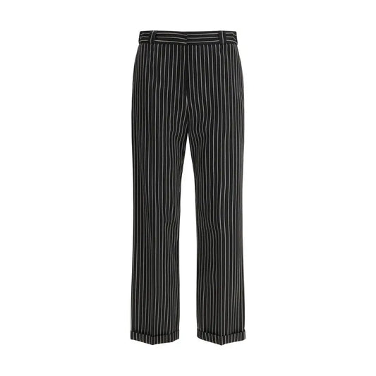 Tom Ford black wool casual pants med tynde hvide lodrette striber og matchende stribet bælte