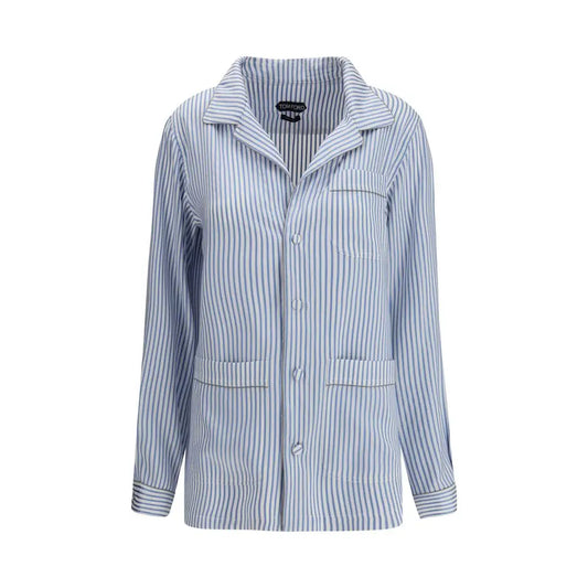 Tom Ford multicolor blå og hvid stribet silke pyjamas top med knapforan og flaplommer