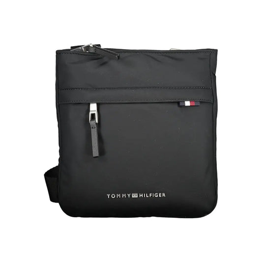 Tommy Hilfiger black polyester crossbody bag with silver zippers and logo