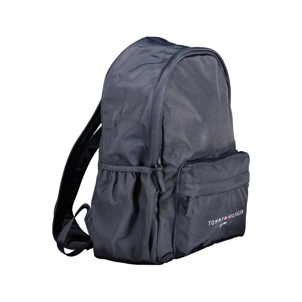 Tommy hilfiger blue polyester backpack med mørkegrå tekstur og hvid logo