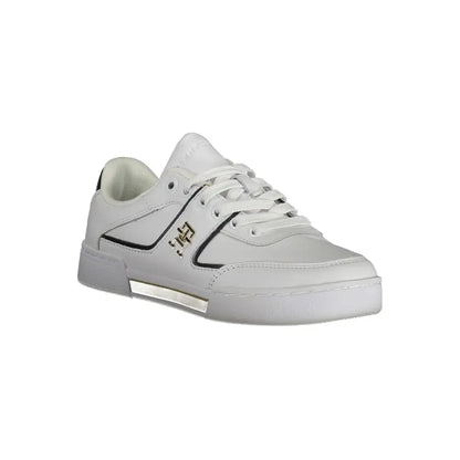 Tommy hilfiger hvide polyester sneakers med sorte accenter og guldlogo