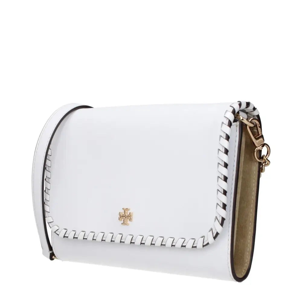 Tory Burch hvid læder clutch med sort-hvid flættrim og guld hardware