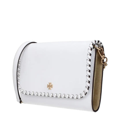 Tory Burch hvid læder clutch med sort-hvid flættrim og guld hardware