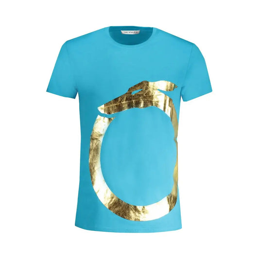 Trussardi light blue cotton t-shirt with turquoise gold graphic