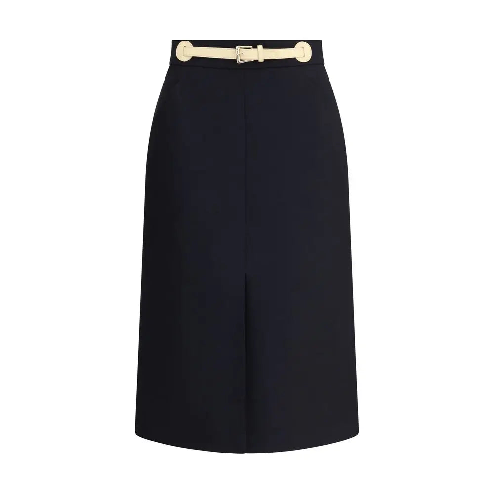 Valentino belted midi skirt i sort med cremekrave og sølvspænde