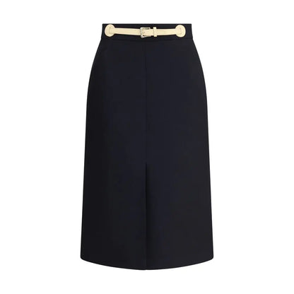 Valentino belted midi skirt i sort med cremekrave og sølvspænde