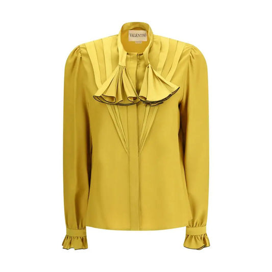 Vibrant Valentino bicolor silk blouse with ruffled collar and pleats