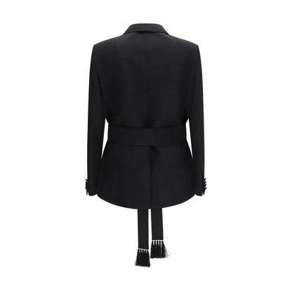 Valentino black fleece wool blazer med beltet talje og kvaster