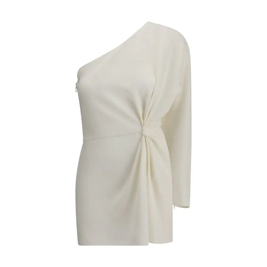 Valentino cream silk top: one-shoulder mini dress with draped knot at waist and long sleeve