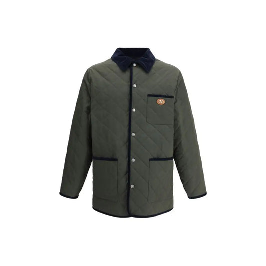 Valentino Logo quilted jakke i olivengrøn med navy fløjlskrave og knapfront