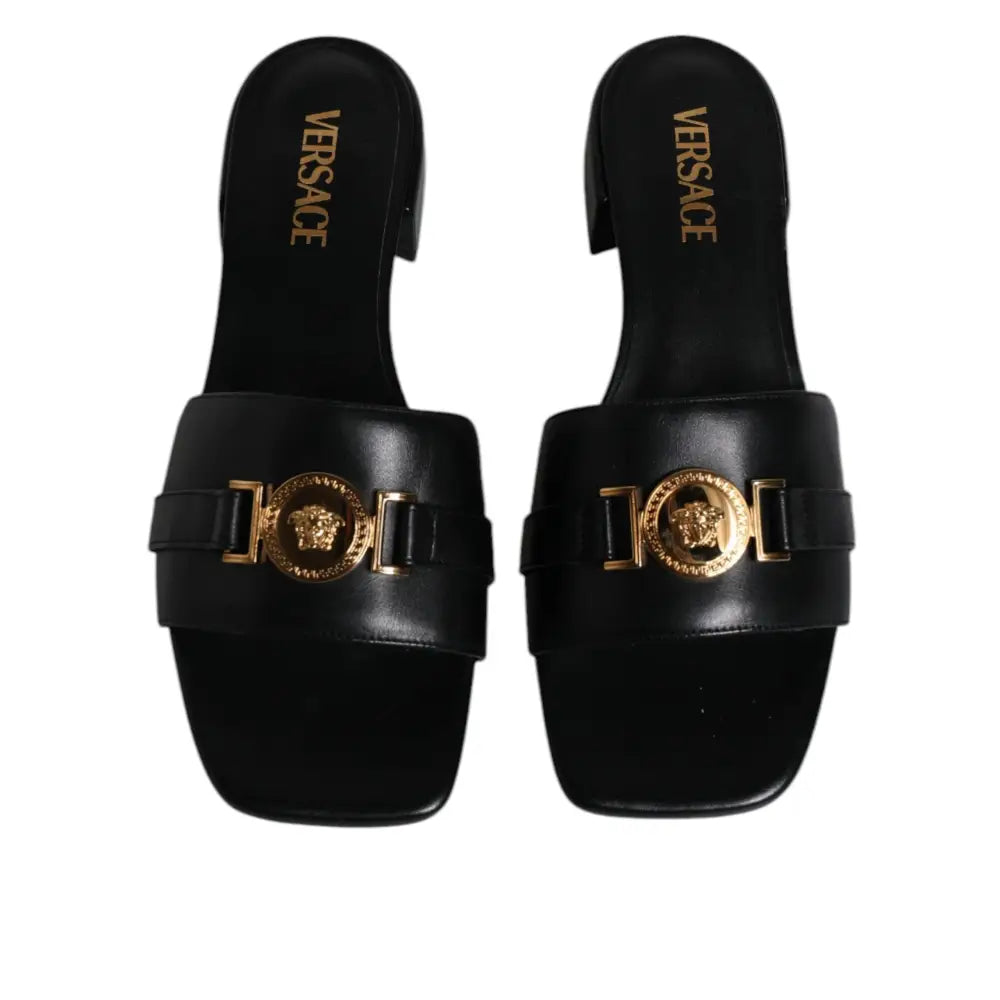 Versace Black Leather Logo Plaque Slip On Slides Flats Shoes