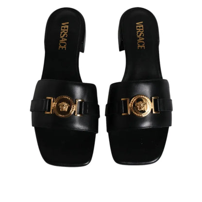 Versace Black Leather Logo Plaque Slip On Slides Flats Shoes