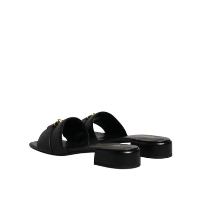 Versace Black Leather Logo Plaque Slip On Slides Flats Shoes