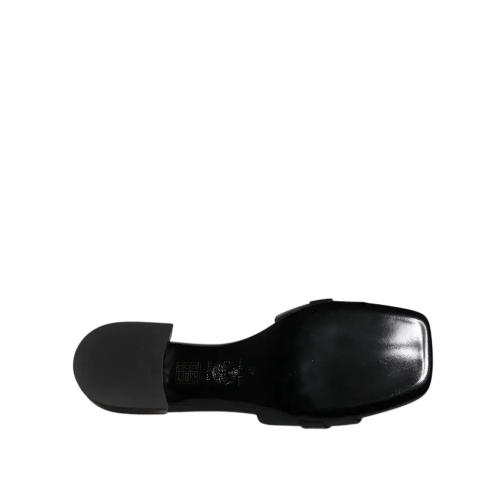Versace Black Leather Logo Plaque Slip On Slides Flats Shoes
