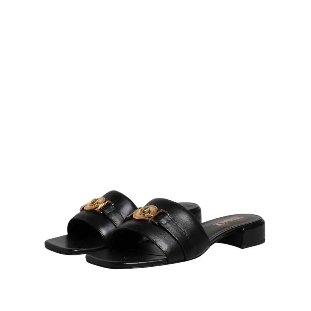 Versace Black Leather Logo Plaque Slip On Slides Flats Shoes